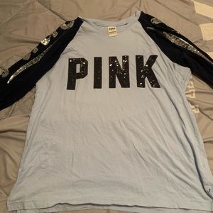 Blue long sleeve pink shirt